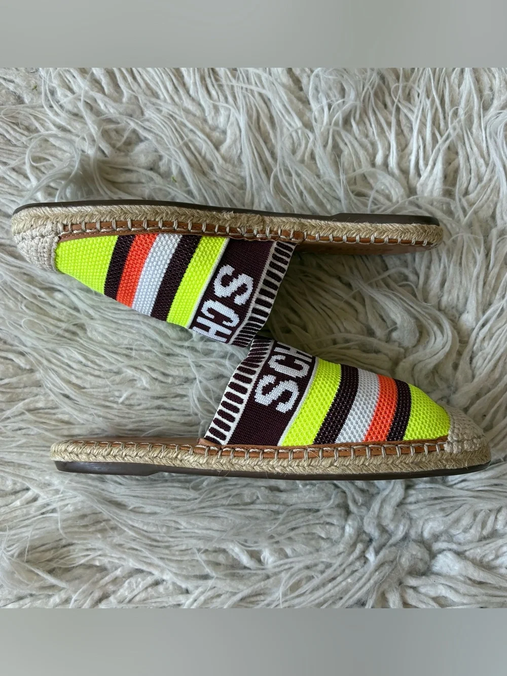 Schutz Logo Knit Multicolor Striped Flat Side Espadrille Sandals Size 38